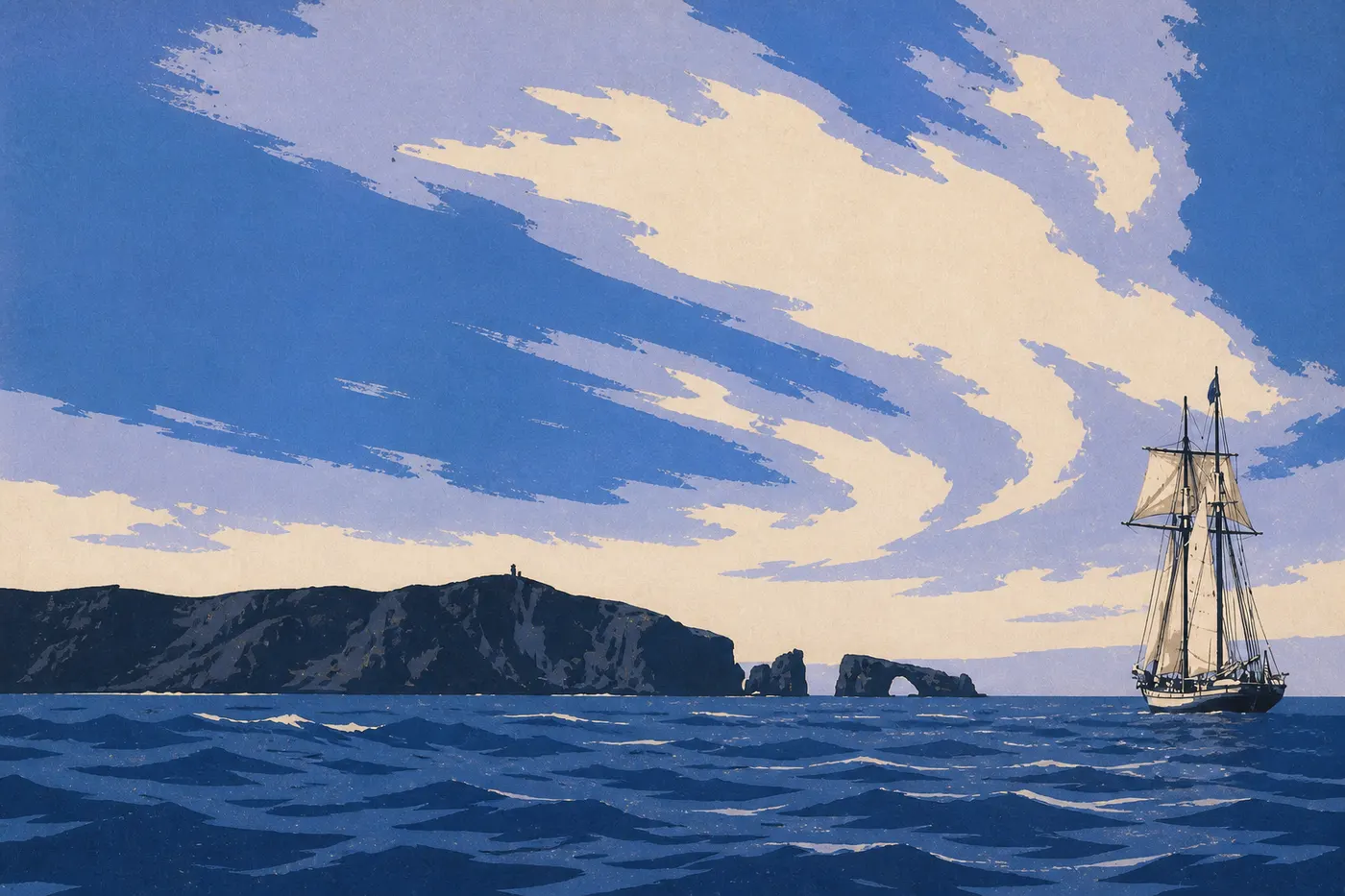Illustration sérigraphiée : Arch Rock encadre l’océan tandis qu’un bateau longe la côte volcanique d’Anacapa sous un ciel lumineux.