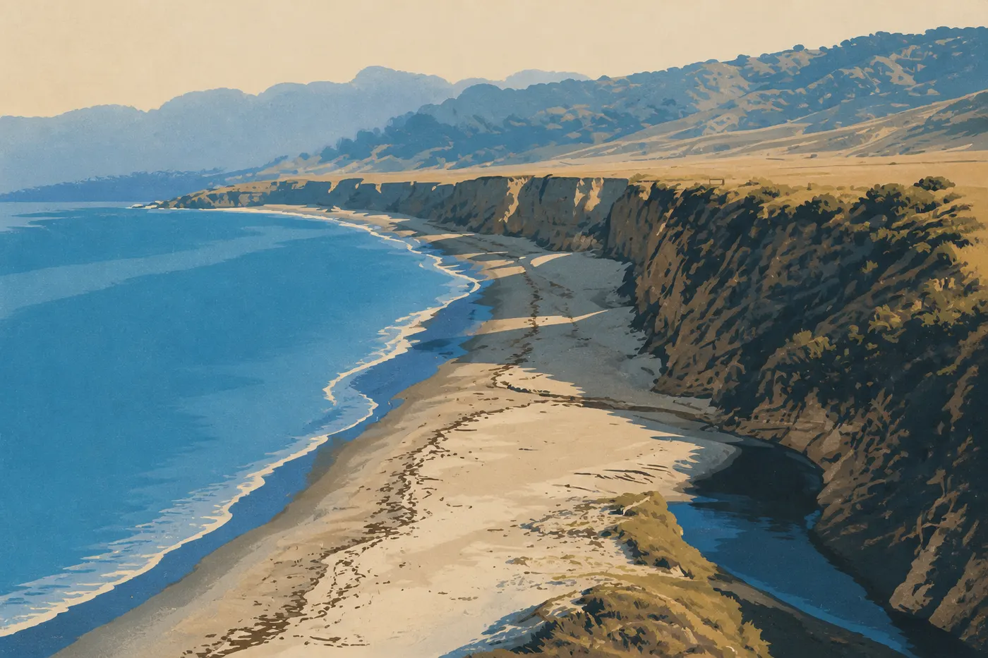 Illustration sérigraphiée : La plage déserte de Water Canyon s’étire sous une lumière dorée d’automne le long de Santa Rosa.