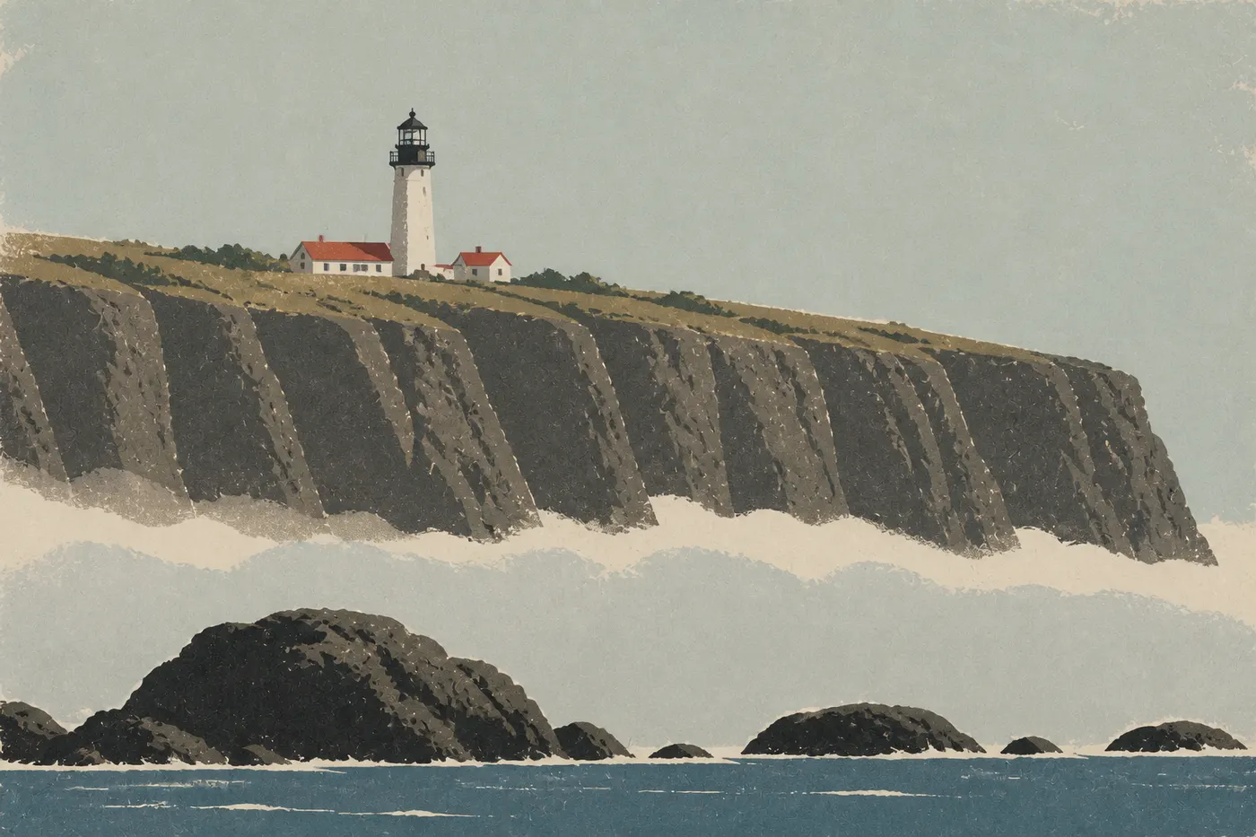 Illustration sérigraphiée : Le phare d’Anacapa émerge d’une nappe de brouillard marin enveloppant les falaises et les eaux du chenal.