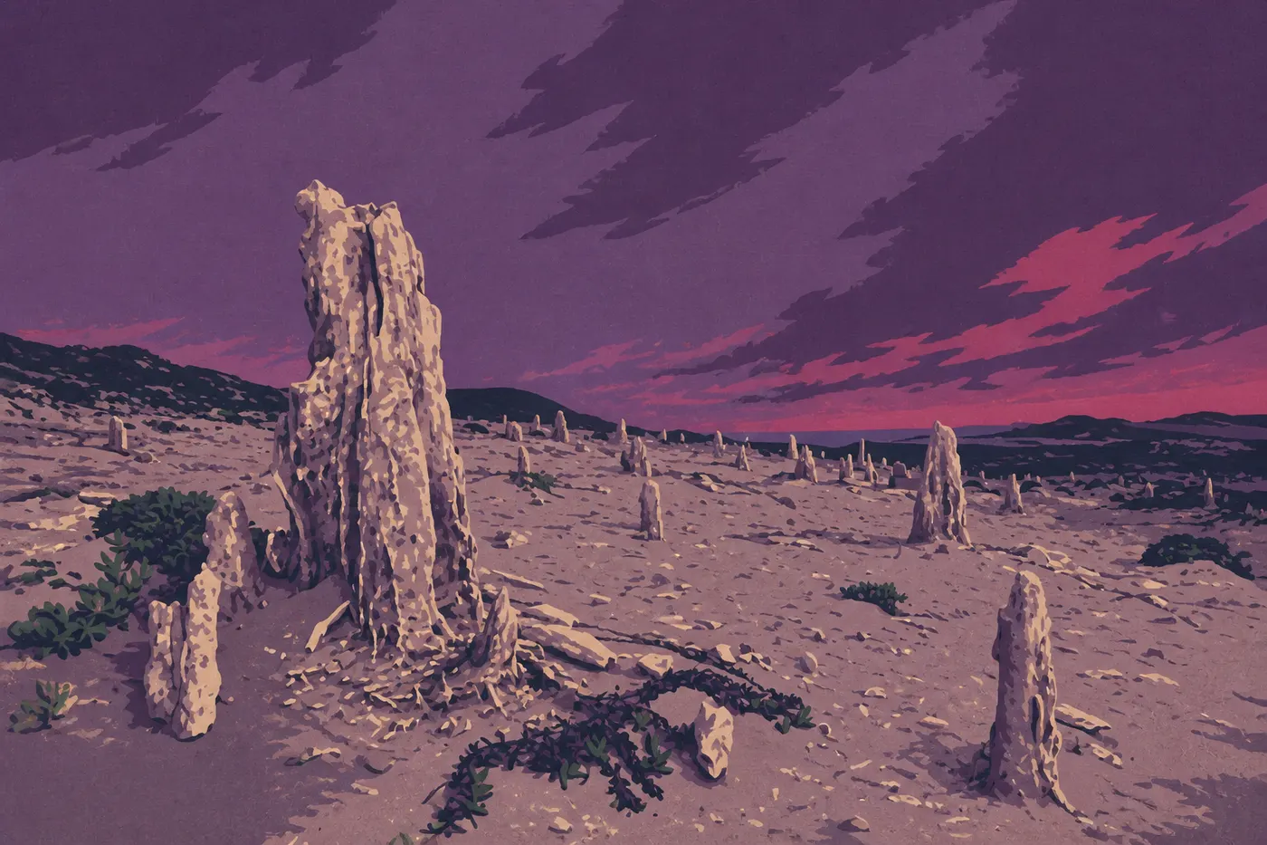 Illustration sérigraphiée : Les moulages calcaires de l’ancienne forêt de San Miguel émergent d’un paysage sableux balayé par le vent.