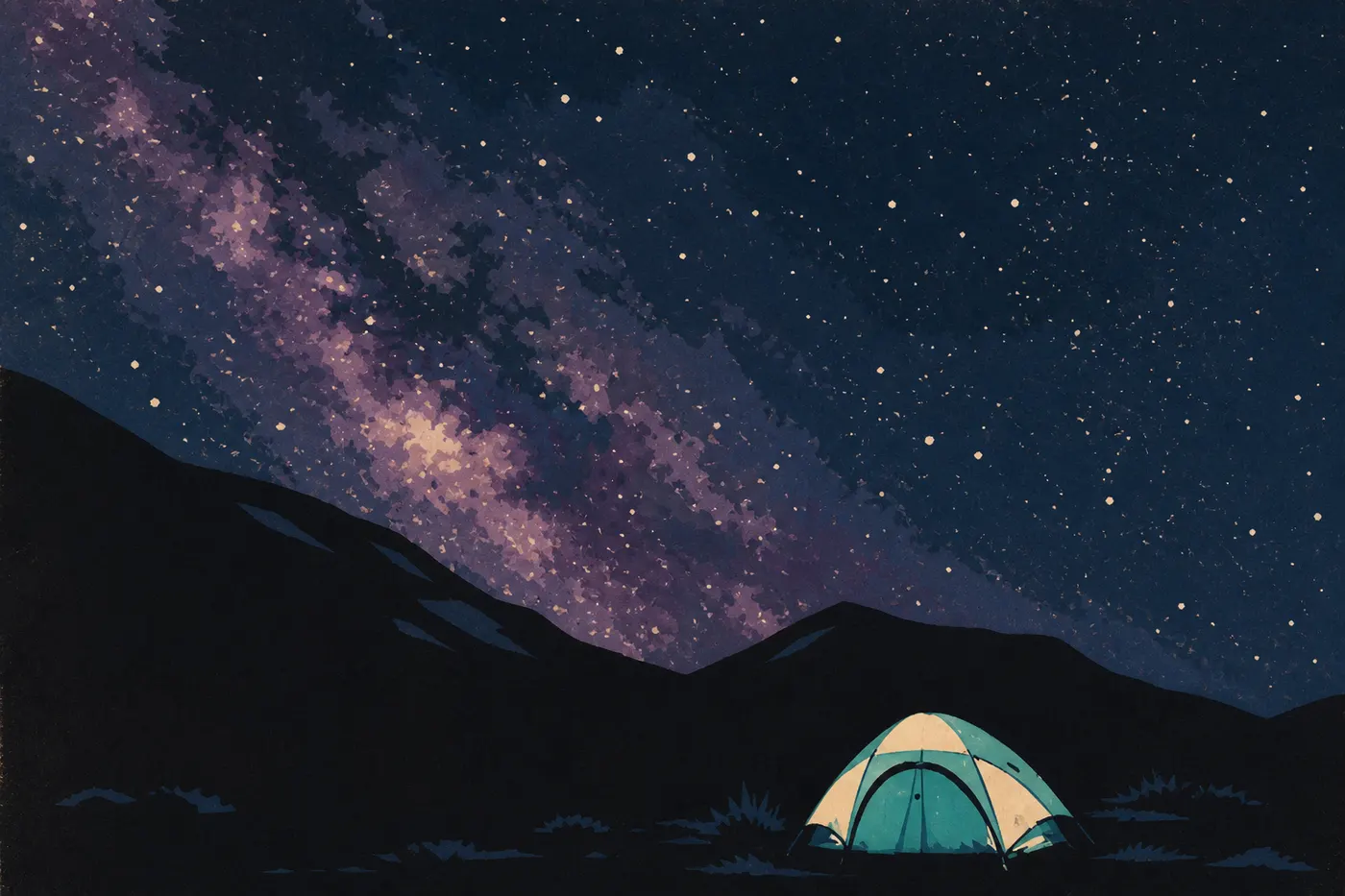 Illustration sérigraphiée : La Voie lactée se déploie au-dessus des tentes de Scorpion Campground et des silhouettes de Santa Cruz.