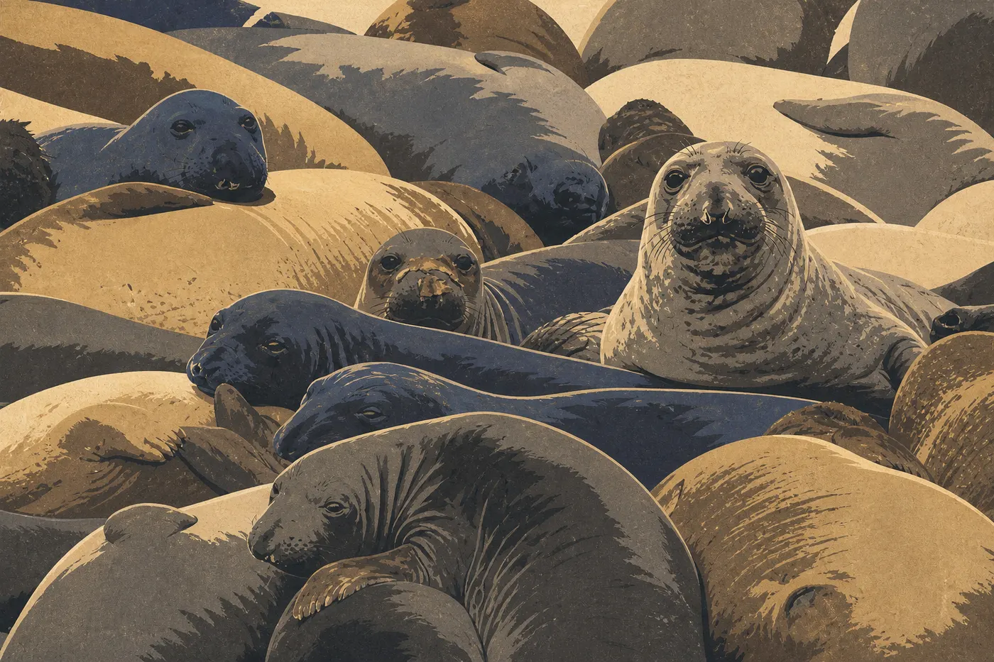 Illustration sérigraphiée : Un imposant éléphant de mer mâle repose parmi sa colonie sur une plage sauvage de San Miguel.