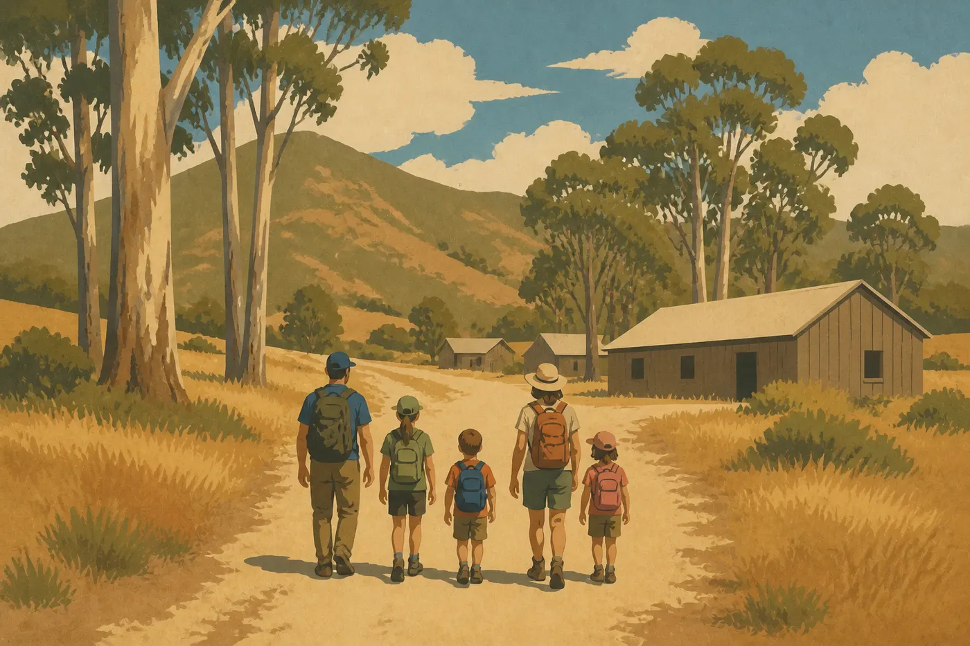 Illustration sérigraphiée : Une famille suit le chemin aménagé près du centre d’interprétation et des bâtiments historiques de Scorpion Ranch.