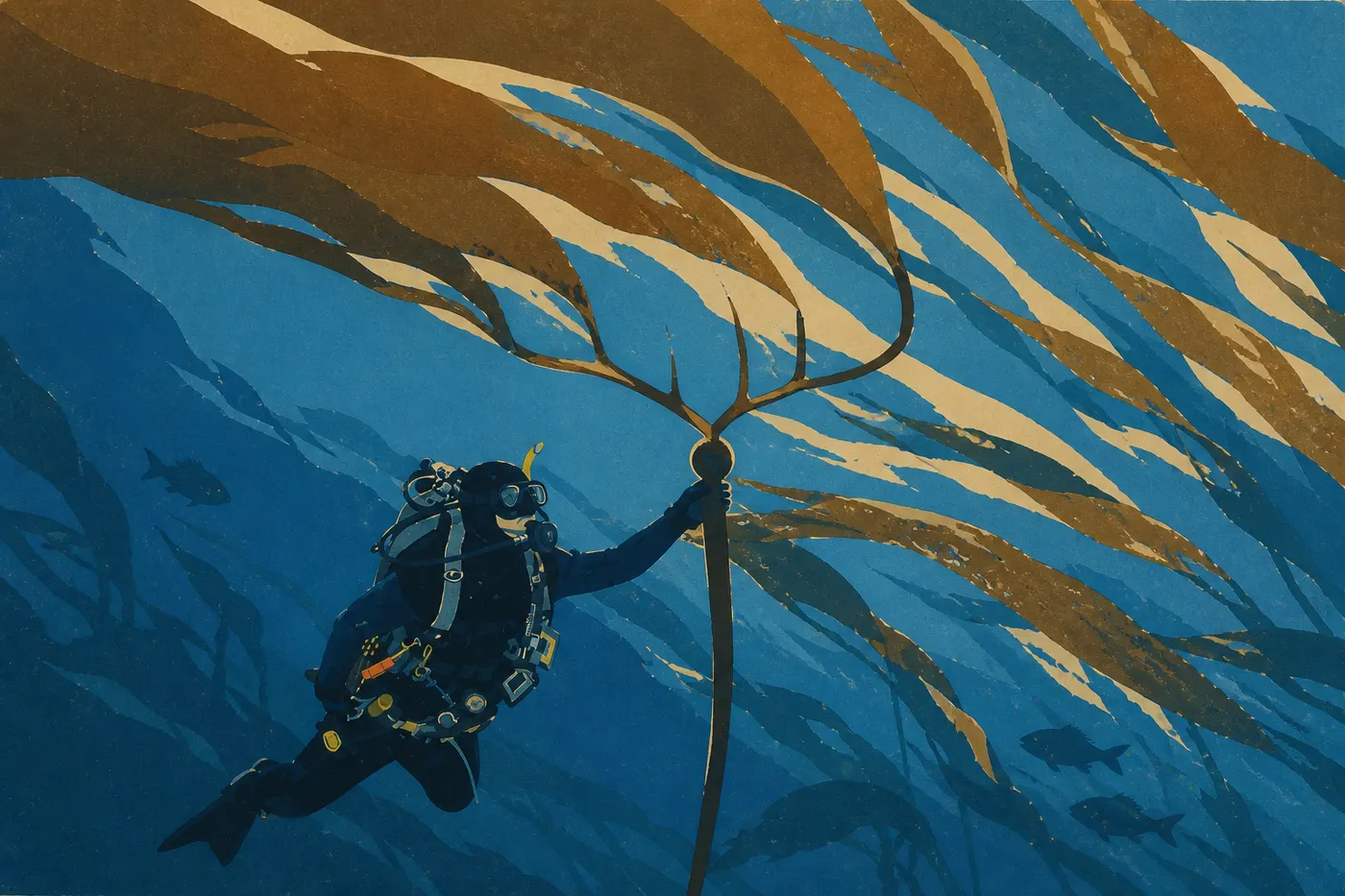 Illustration sérigraphiée : Un plongeur évolue entre les longues frondes dorées d’une forêt de kelp peuplée de poissons côtiers.