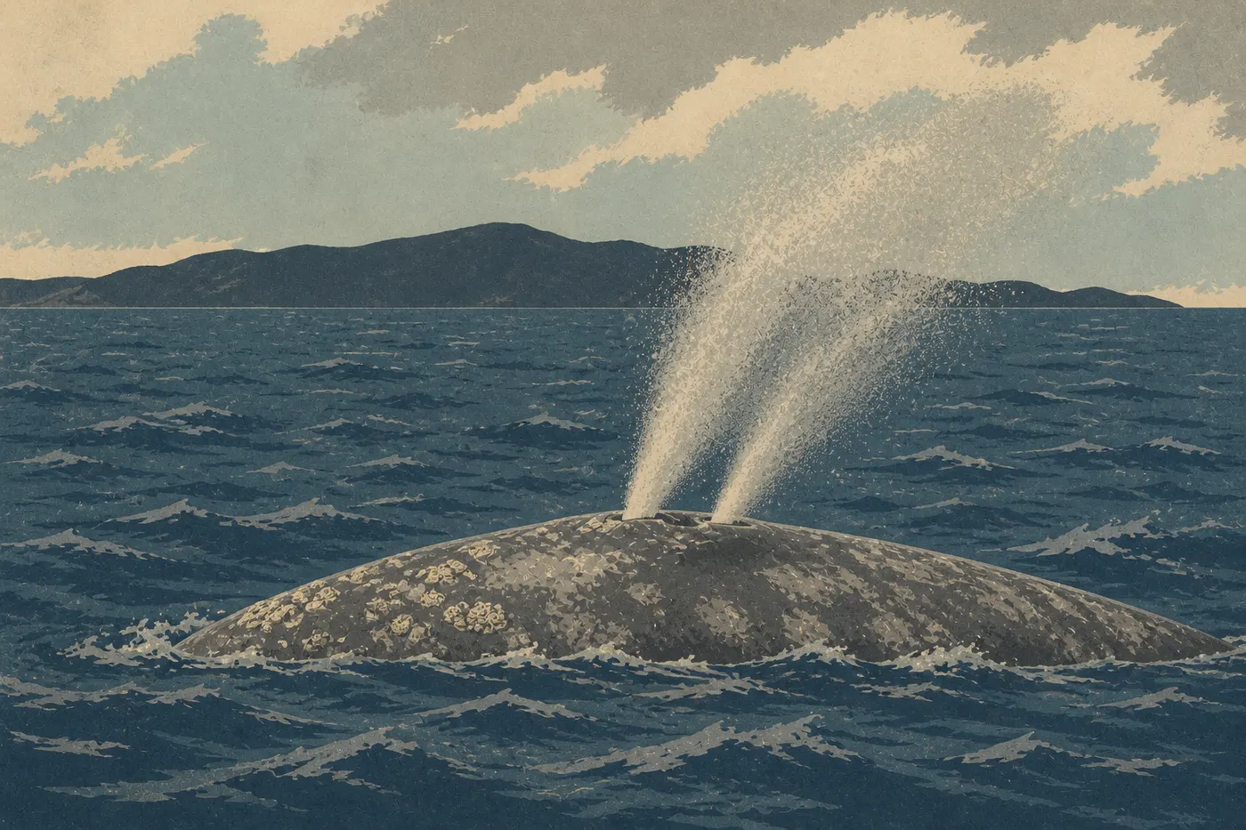 Illustration sérigraphiée : Une baleine grise en migration souffle dans le chenal hivernal entre Ventura et les îles Channel.