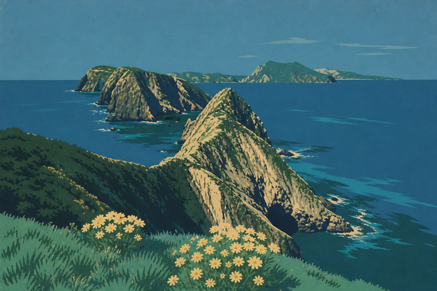 Illustration sérigraphiée : Le sentier d’Inspiration Point surplombe les îlots successifs d’Anacapa et leurs falaises plongeant dans le Pacifique.