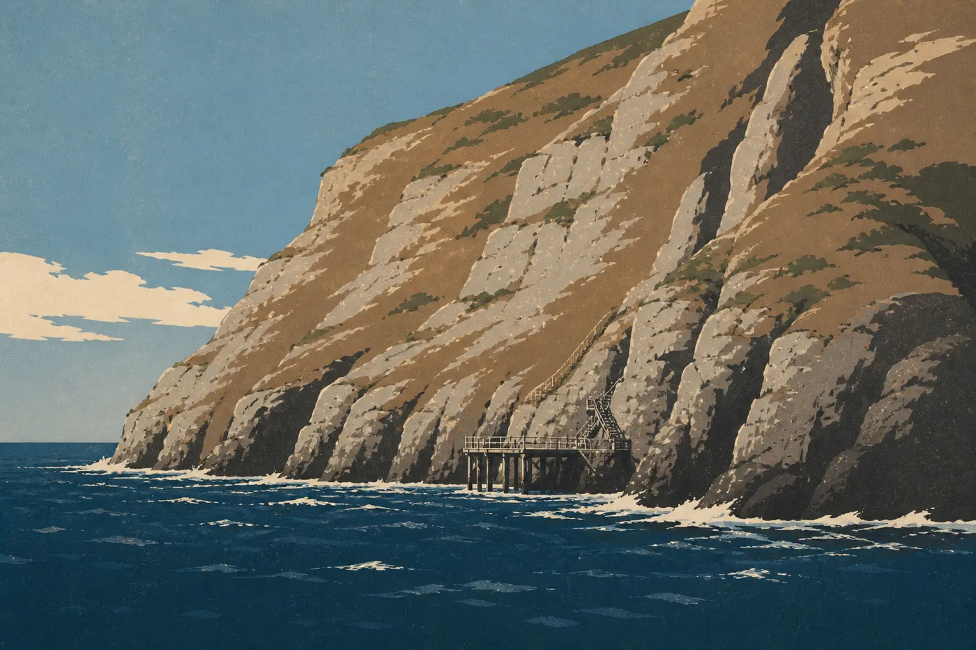 Illustration sérigraphiée : Le débarcadère de Landing Cove s’accroche aux falaises abruptes de la minuscule Santa Barbara Island.