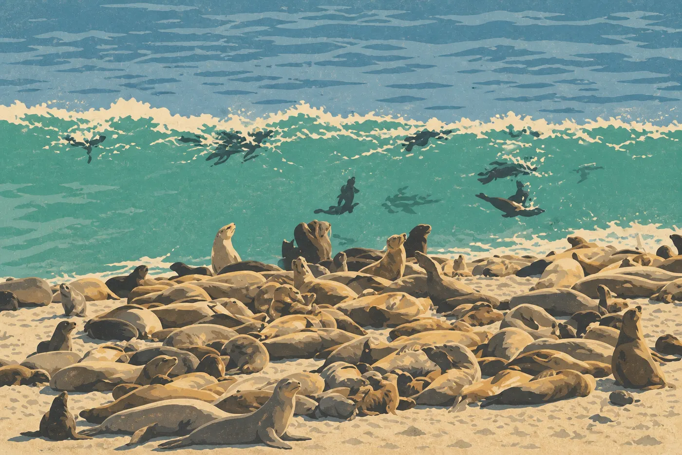 Illustration sérigraphiée : Une colonie dense de lions de mer de Californie occupe la plage et les rochers de Point Bennett.