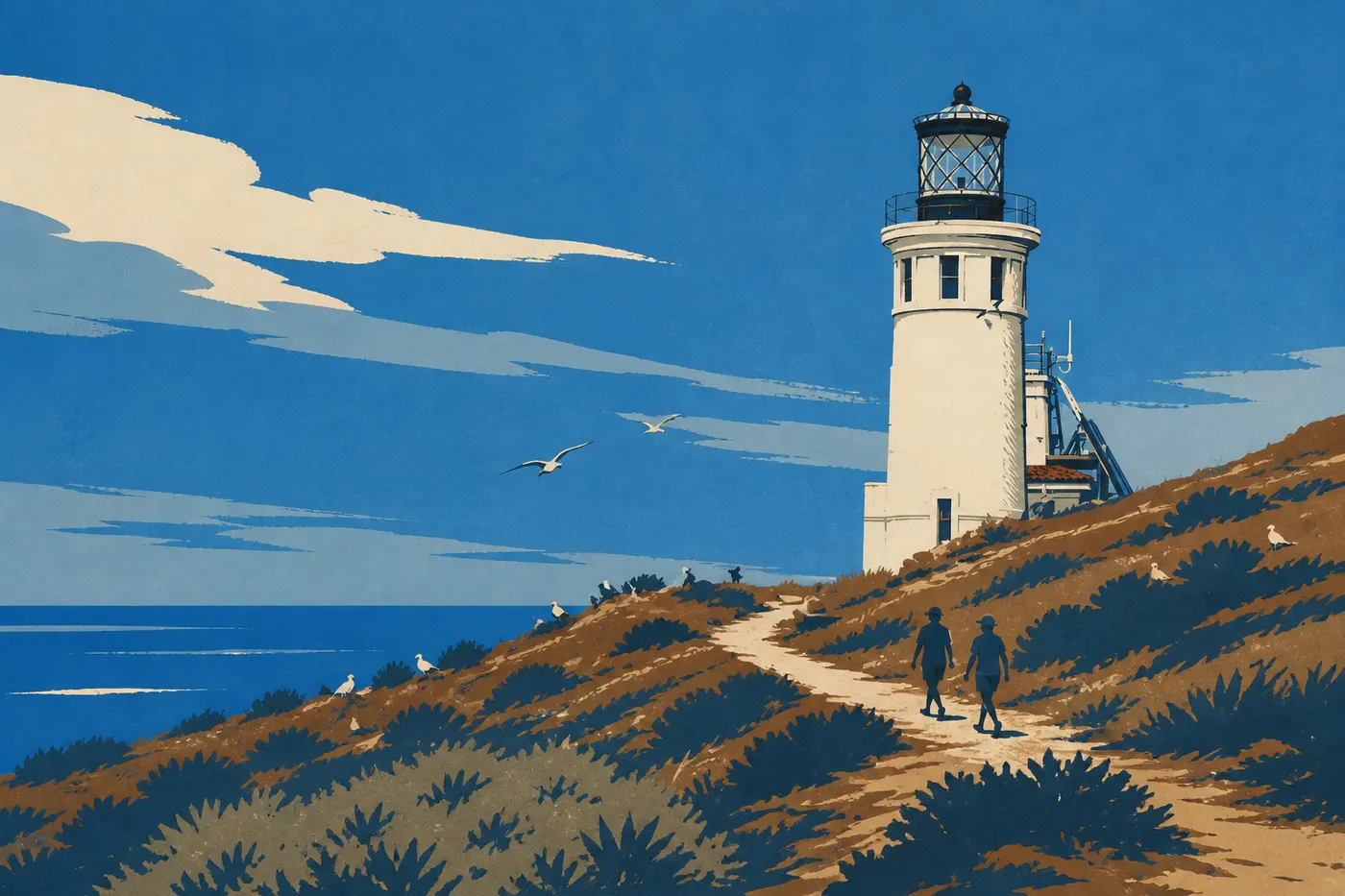 Illustration sérigraphiée : Le phare d’East Anacapa domine les falaises, avec le sentier balisé et l’océan en arrière-plan.