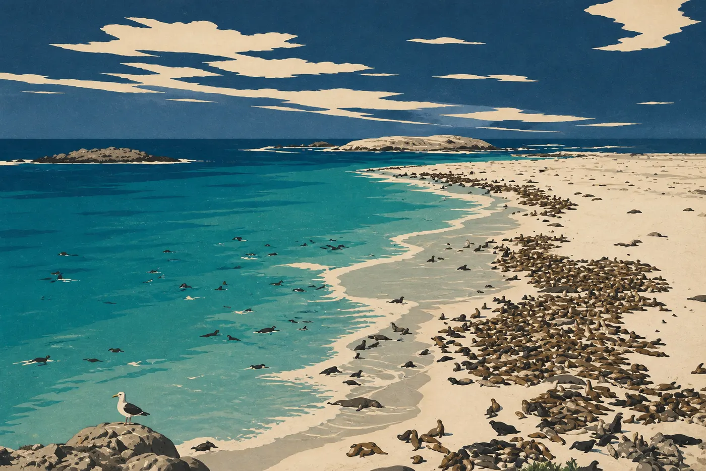 Illustration sérigraphiée : Des milliers de pinnipèdes couvrent les plages de Point Bennett au pied des falaises isolées de San Miguel.