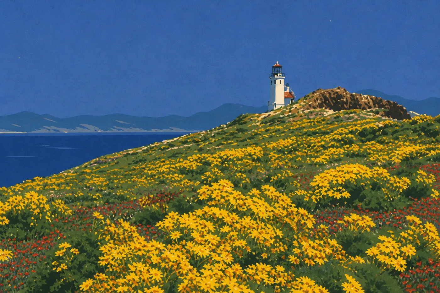 Illustration sérigraphiée : Les fleurs jaunes de giant coreopsis couvrent les pentes d’Anacapa au printemps devant l’océan bleu profond.