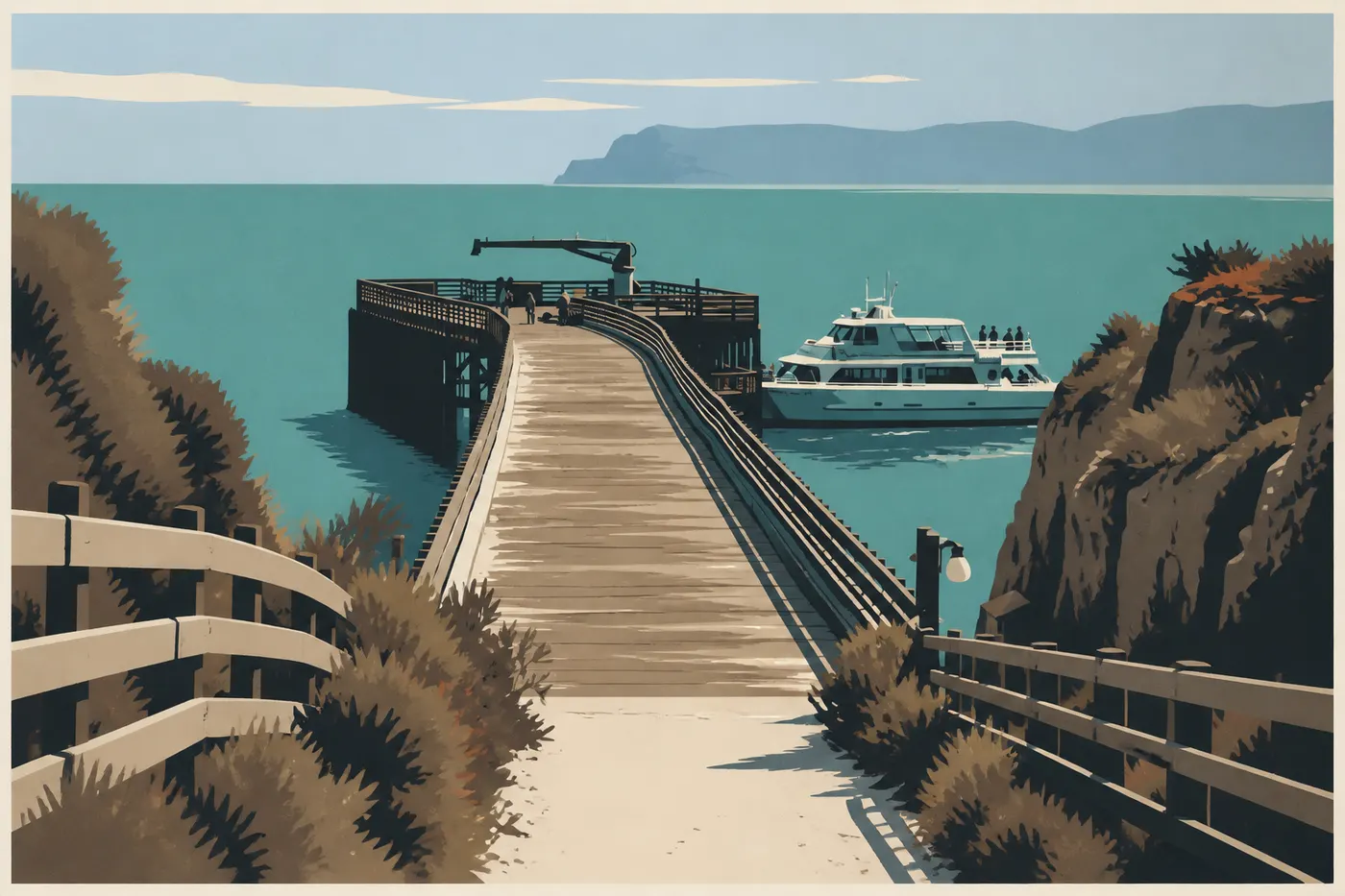 Illustration sérigraphiée : Un bateau de passagers approche du quai de Scorpion Anchorage devant les falaises sèches de Santa Cruz.