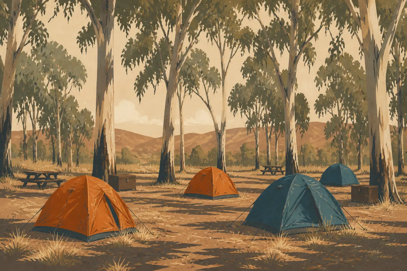 Illustration sérigraphiée : Des tentes sont installées sous les eucalyptus de Scorpion Campground, au cœur de la vallée de Santa Cruz.