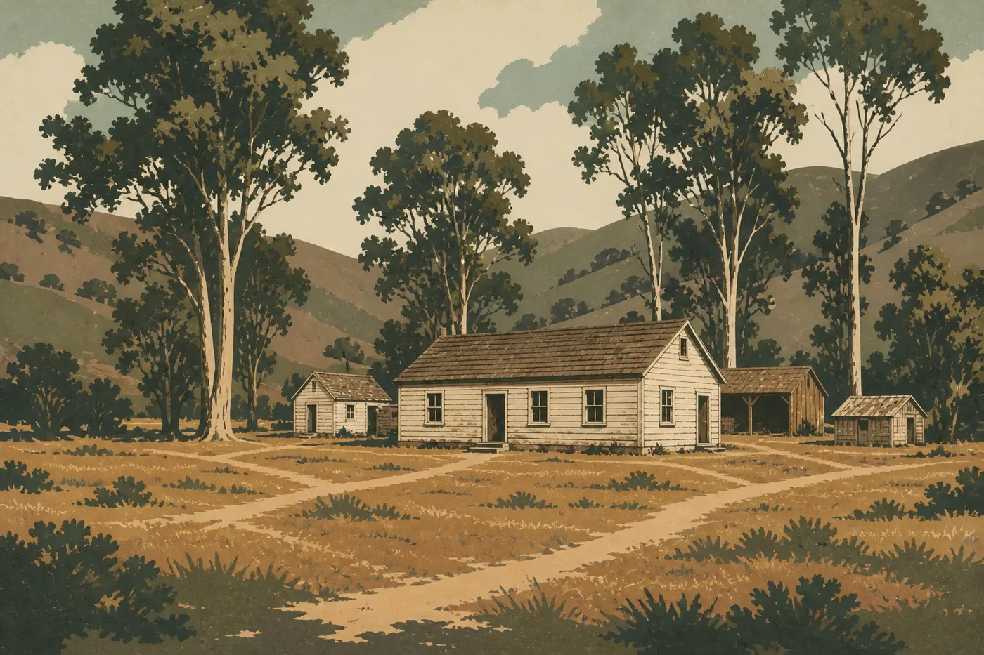 Illustration sérigraphiée : Les bâtiments en bois du Scorpion Ranch historique apparaissent dans une vallée paisible bordée d’eucalyptus.