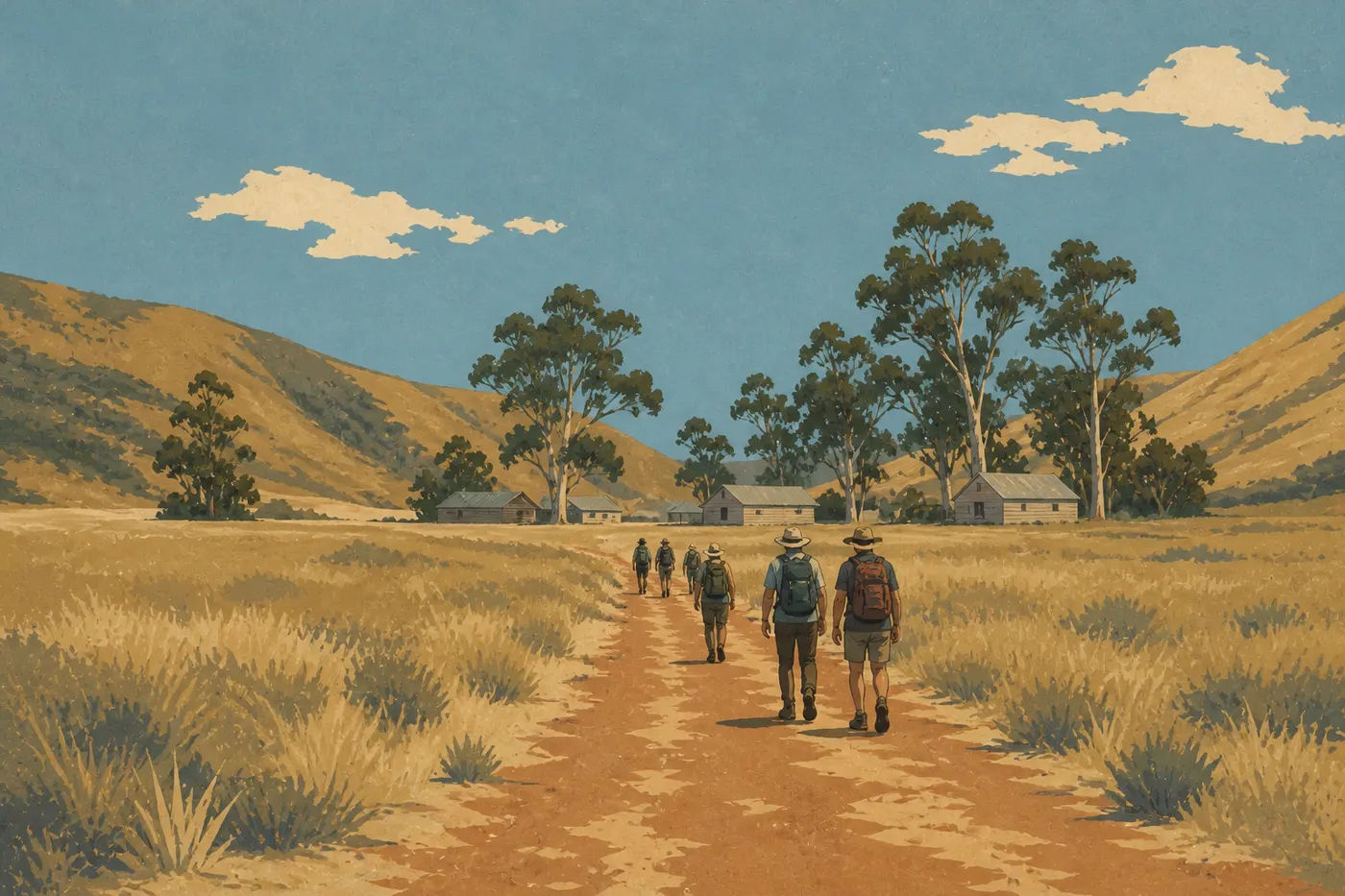 Illustration sérigraphiée : Des visiteurs parcourent à pied le chemin de Scorpion Valley entre prairies sèches et bâtiments historiques du ranch.
