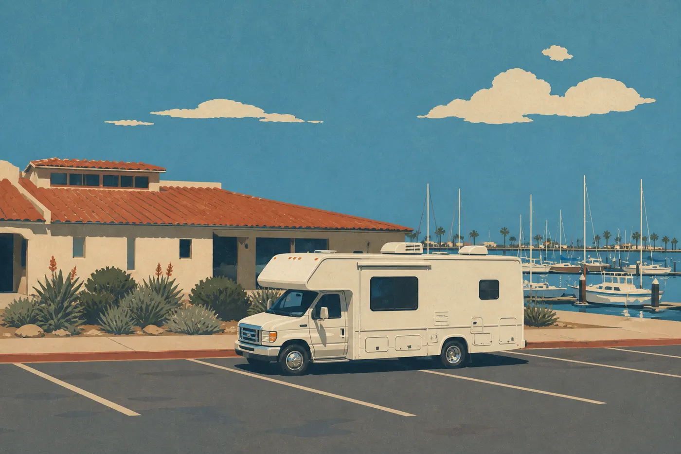 Illustration sérigraphiée : Un camping-car stationne près du Robert J. Lagomarsino Visitor Center face au port de Ventura.