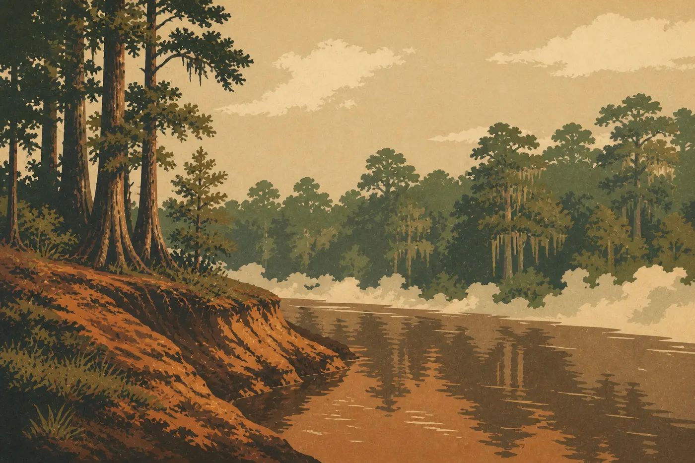 Illustration sérigraphiée : Le panneau rustique de Bluff Campground marque le petit camping accessible à pied dans la forêt.