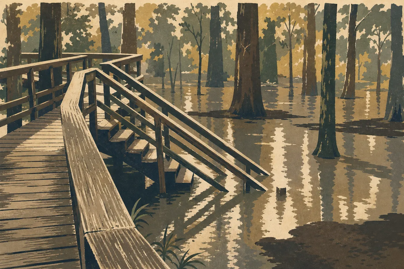 Illustration sérigraphiée : Le Boardwalk Loop traverse la forêt inondée entre cyprès chauves, tupélos et reflets bruns sous la canopée.