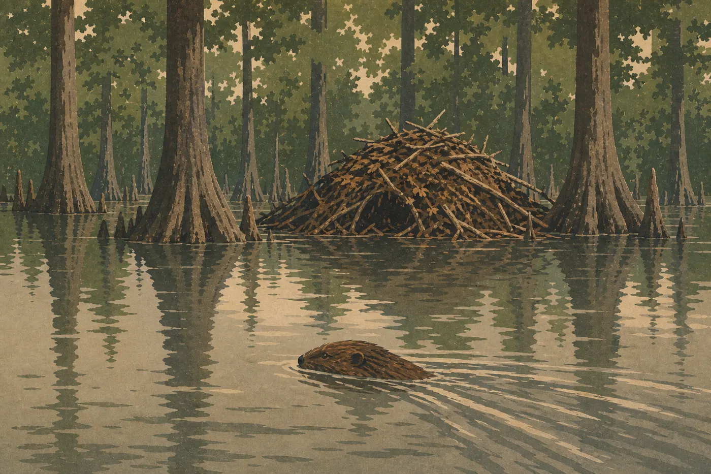 Illustration sérigraphiée : Un castor du Canada nage près de sa hutte parmi les eaux calmes et les cyprès chauves.