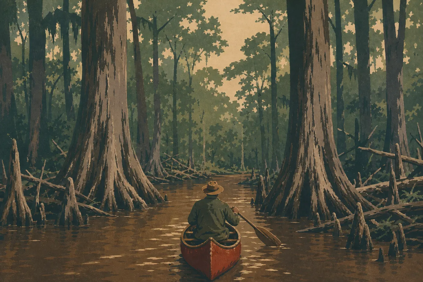 Illustration sérigraphiée : Un canoë glisse sur Cedar Creek sous les cyprès chauves, dans un étroit corridor de forêt ancienne.