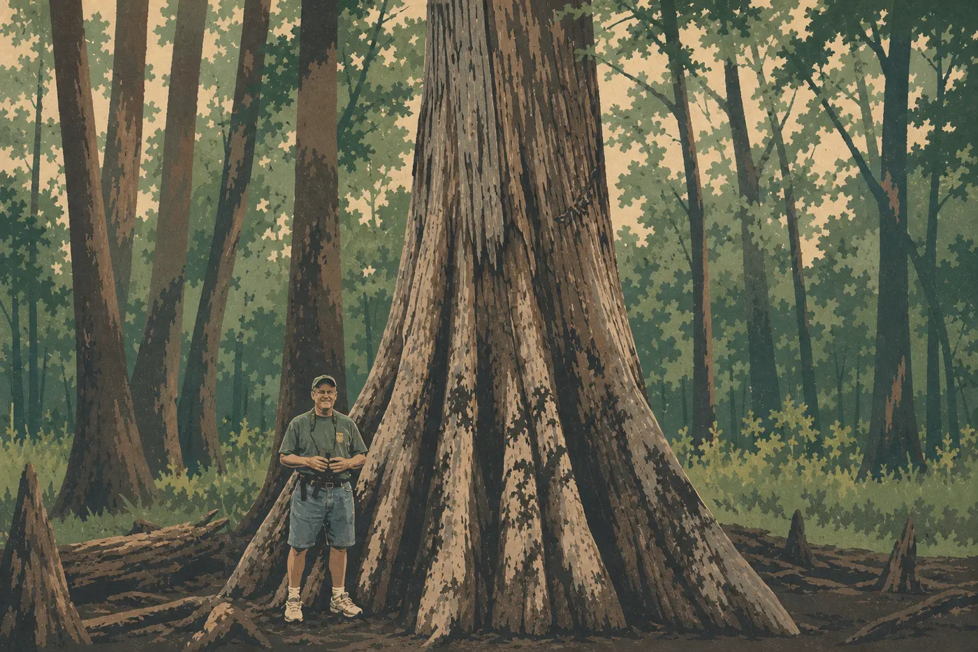 Illustration sérigraphiée : La haute canopée entoure le General Greene Tree, grand cyprès chauve historique de la forêt profonde.