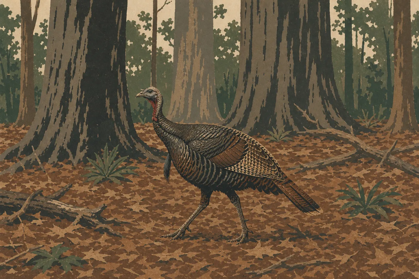 Illustration sérigraphiée : Une dinde sauvage avance entre les feuilles mortes et les grands troncs de la forêt de Congaree.