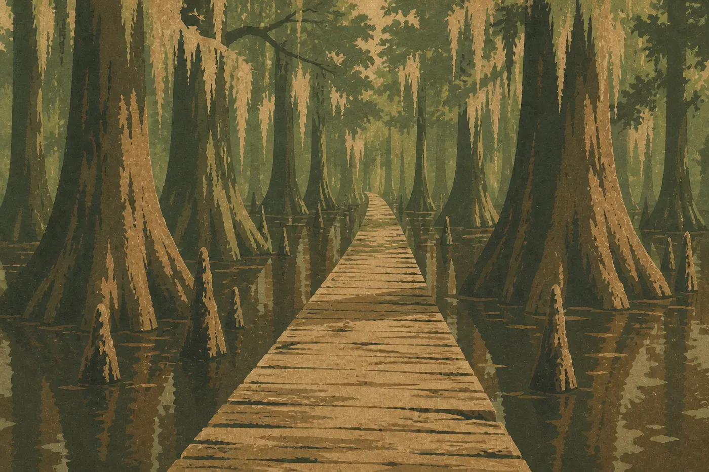 Illustration sérigraphiée : Le panneau d’entrée de Congaree National Park accueille les visiteurs le long de National Park Road.