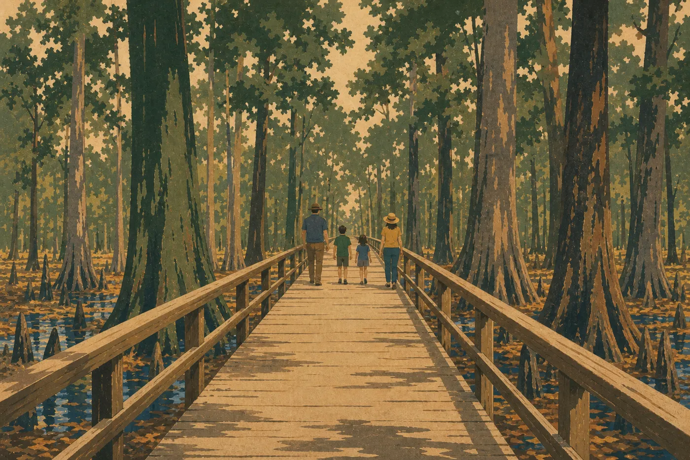Illustration sérigraphiée : Une famille chemine sur la section surélevée et accessible du Boardwalk Trail sous les arbres géants.