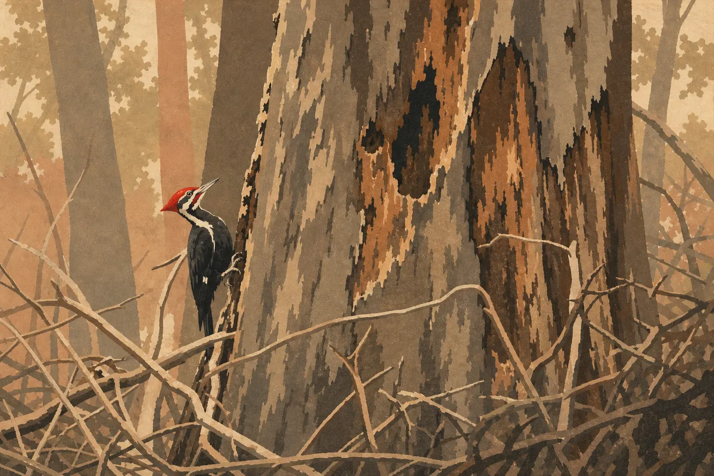 Illustration sérigraphiée : Un Grand pic s’agrippe au tronc massif d’un arbre ancien sous la haute canopée de Congaree.