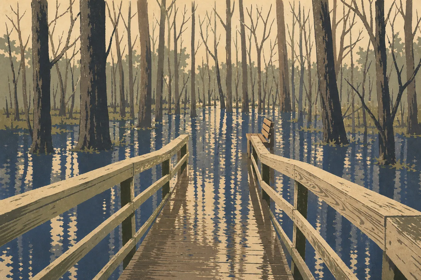 Illustration sérigraphiée : Le Boardwalk Trail traverse une forêt hivernale inondée, aux troncs nus reflétés dans une eau immobile.