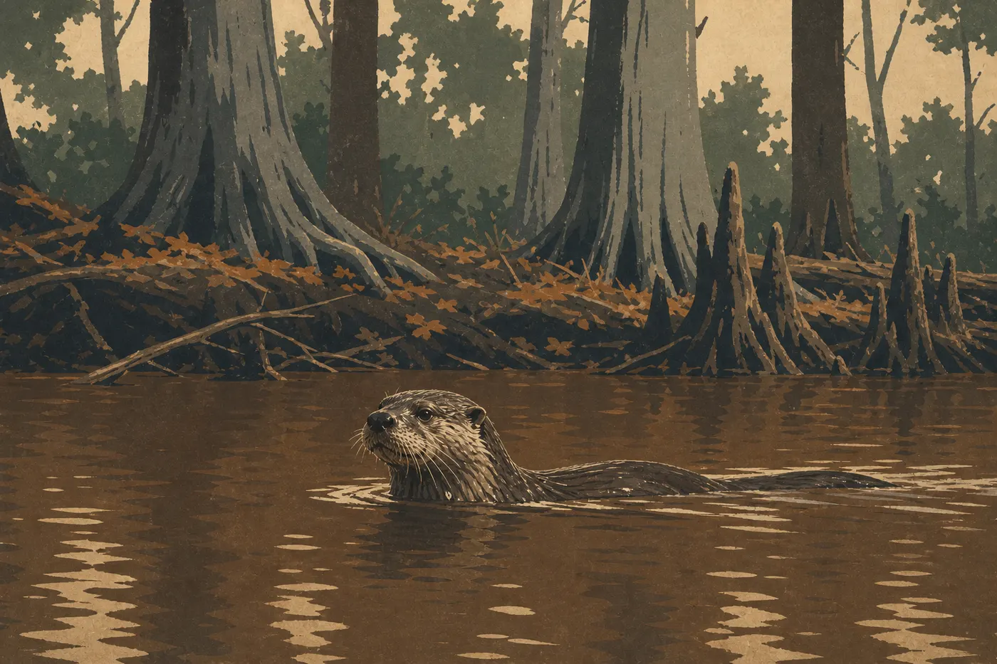 Illustration sérigraphiée : Une loutre de rivière émerge de Cedar Creek devant les troncs et les berges boisées du parc.