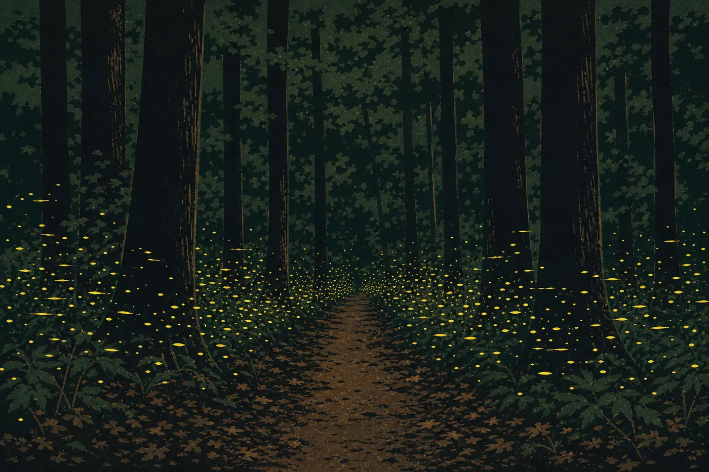 Illustration sérigraphiée : Des milliers de lucioles Photuris frontalis synchronisent leurs éclats au ras du Firefly Trail après le crépuscule.