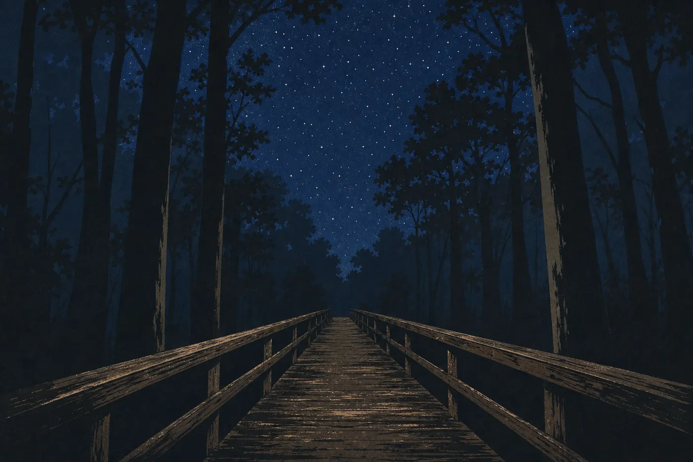 Illustration sérigraphiée : La silhouette du Boardwalk Trail s’enfonce dans la forêt sous un ciel nocturne étoilé sans éclairage.