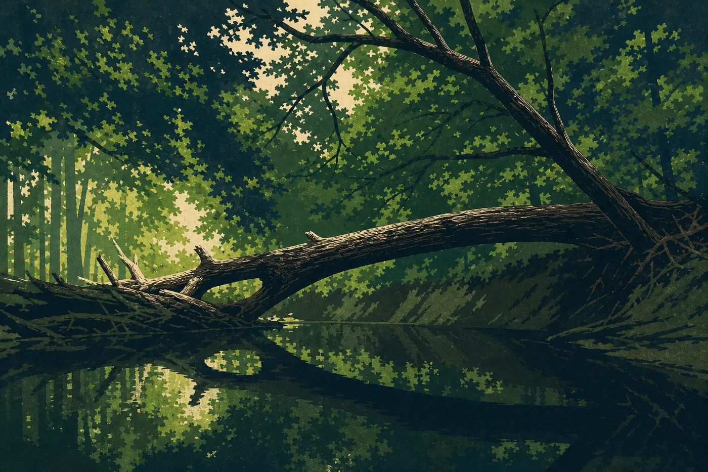 Illustration sérigraphiée : Un ciel d’orage estival assombrit la haute canopée tandis qu’une éclaircie illumine la forêt humide.