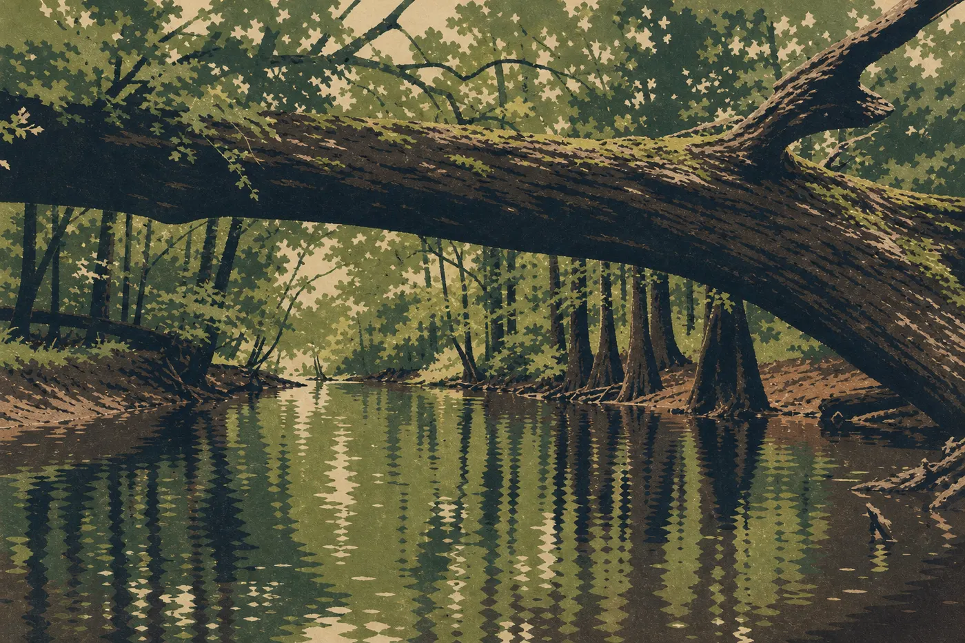 Illustration sérigraphiée : La canopée printanière vert tendre borde Cedar Creek sous une lumière douce avant les chaleurs de mai.