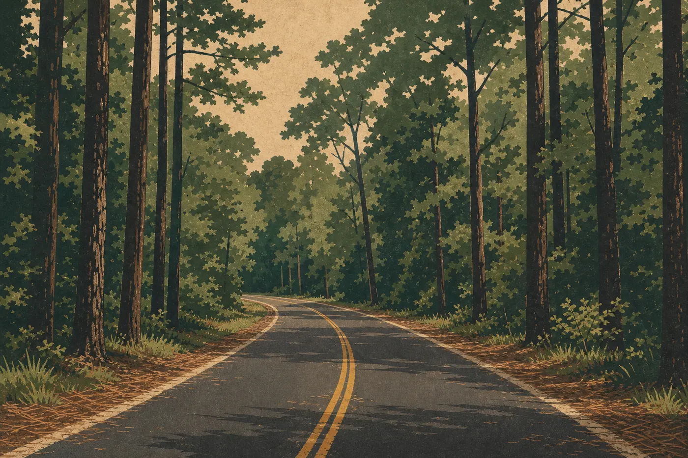 Illustration sérigraphiée : National Park Road serpente sous une voûte de pins et de feuillus avant le centre des visiteurs.