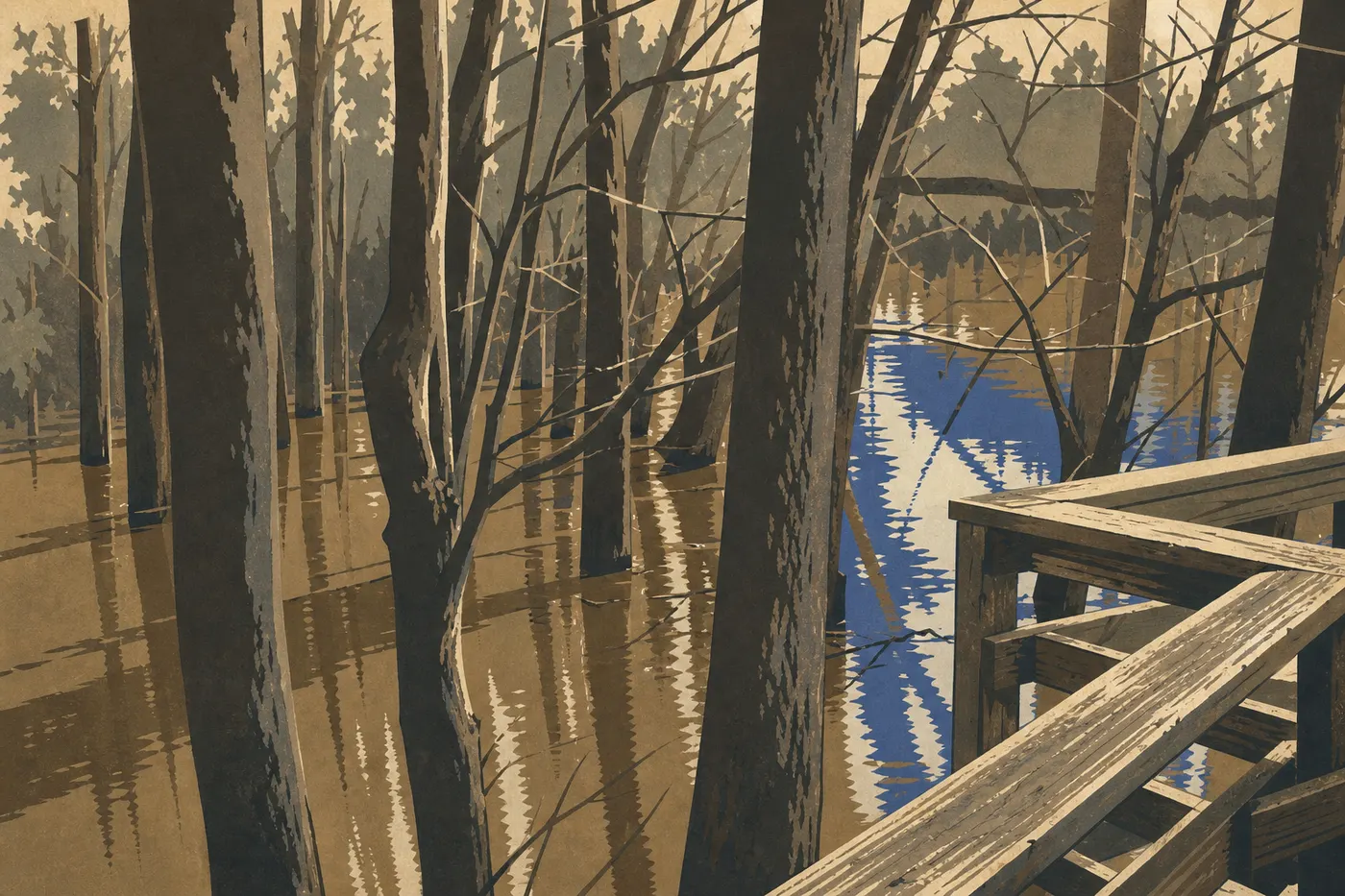 Illustration sérigraphiée : Le Weston Lake Loop longe l’ancien bras mort entre eau noire, passerelles et forêt de plaine inondable.