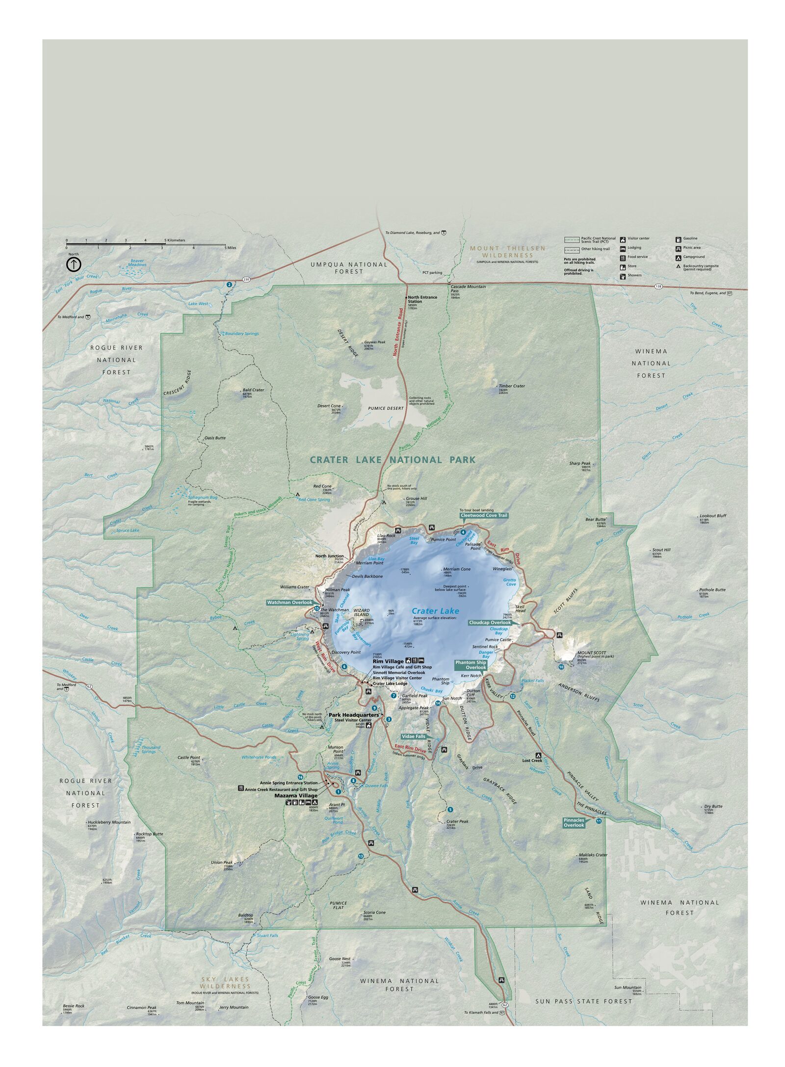 Offizielle NPS-Karte des Nationalparks Crater Lake (Unigrid)