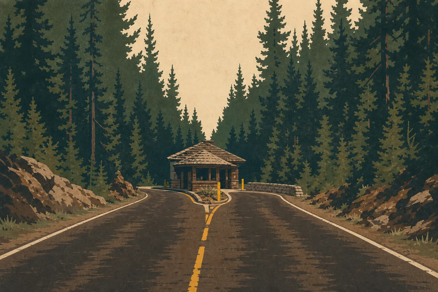 Illustration sérigraphiée : Route forestière arrivant devant l'historique Annie Spring Entrance Station à l'entrée sud du parc