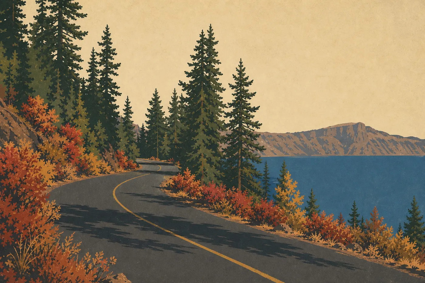 Illustration sérigraphiée : Rim Drive bordée de végétation rousse et de conifères sous la lumière rasante d'automne