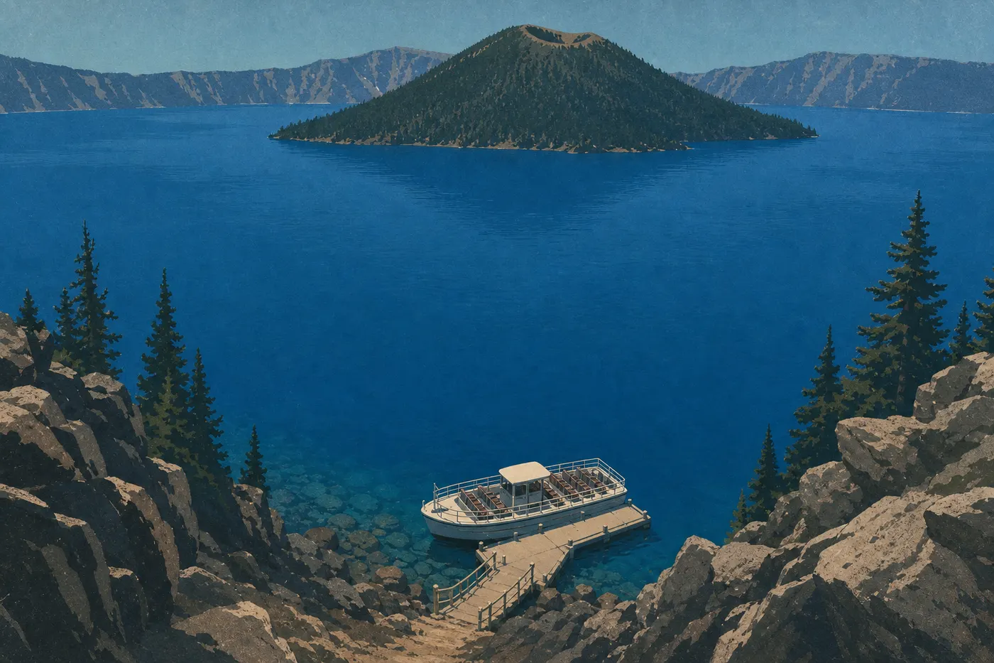 Illustration sérigraphiée : Quai de Cleetwood Cove avec bateau d'excursion sur l'eau bleue face à Wizard Island