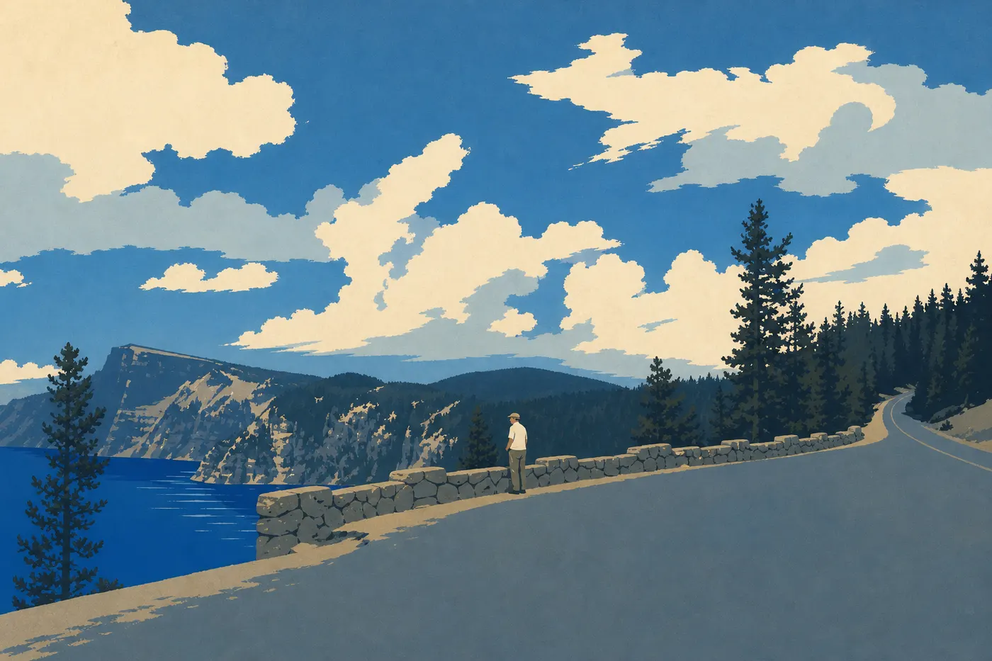 Illustration sérigraphiée : Vue plongeante depuis Cloudcap Overlook révélant les nuances cobalt du lac et ses falaises orientales