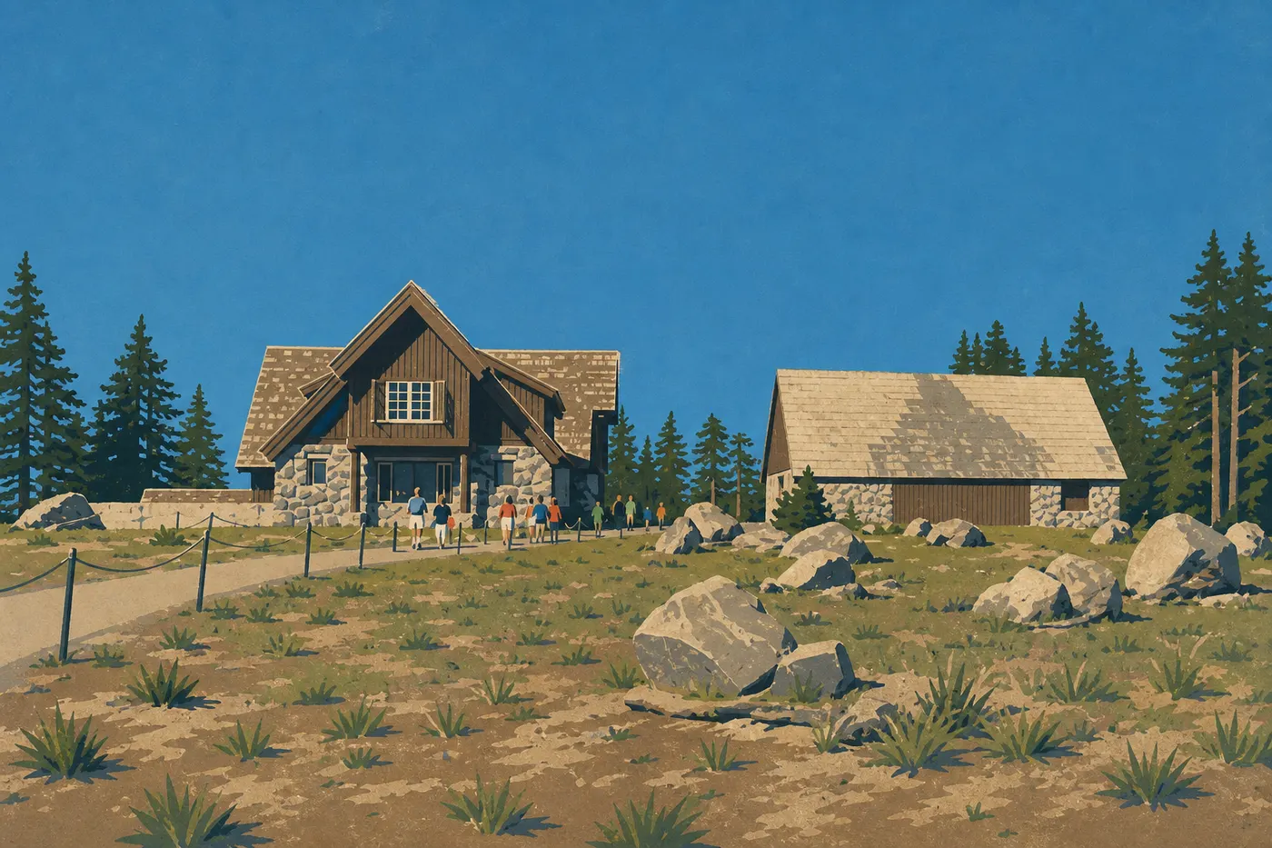 Illustration sérigraphiée : Façade rustique du Crater Lake Lodge au bord de la caldeira sous une lumière estivale