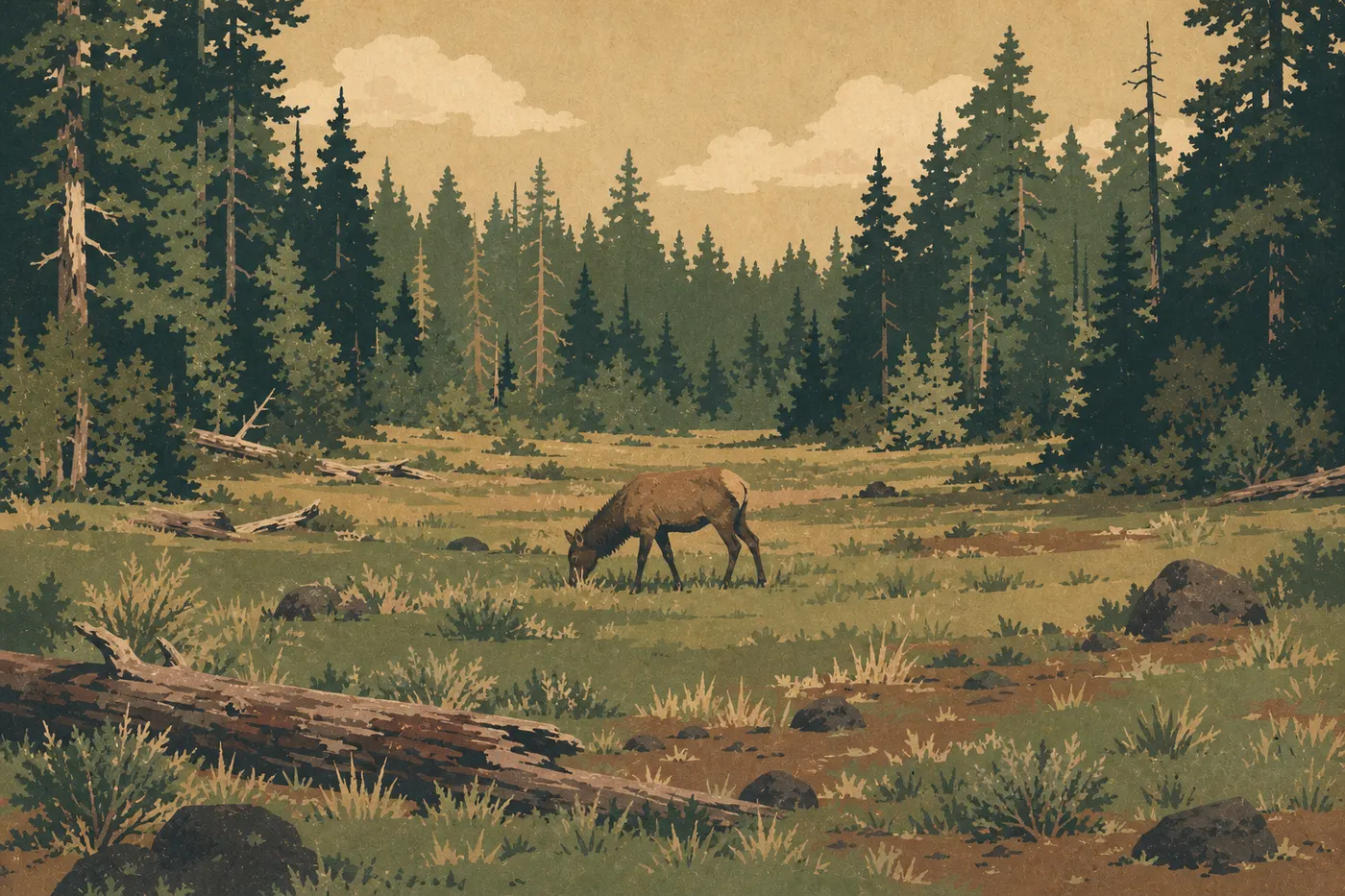 Siebdruck-Illustration: Ein Wapiti grast auf einer Berglichtung inmitten der Wälder des Nationalparks.