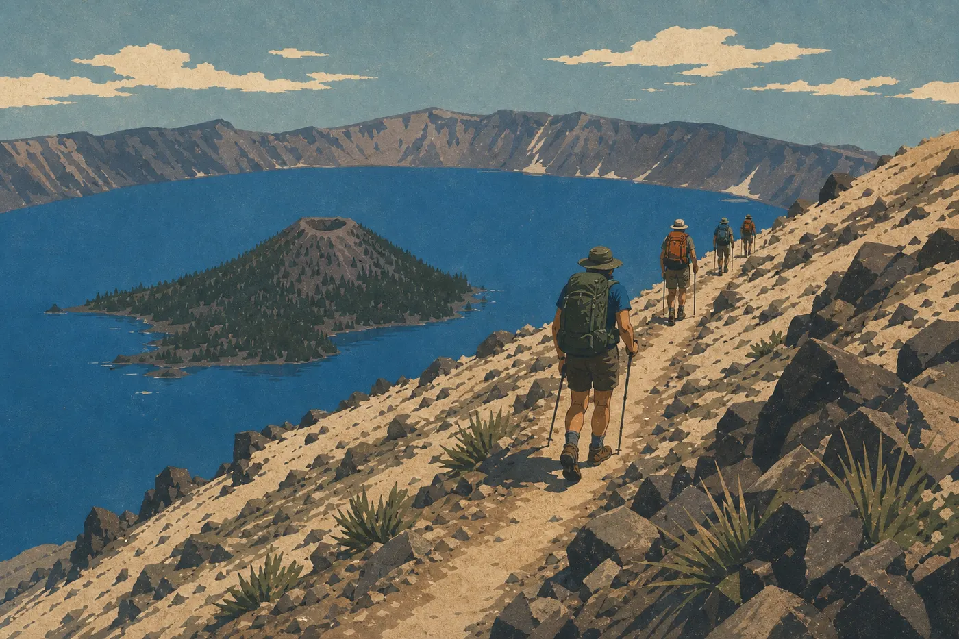 Illustration sérigraphiée : Randonneurs sur le Garfield Peak Trail dominant Crater Lake et Wizard Island depuis la crête
