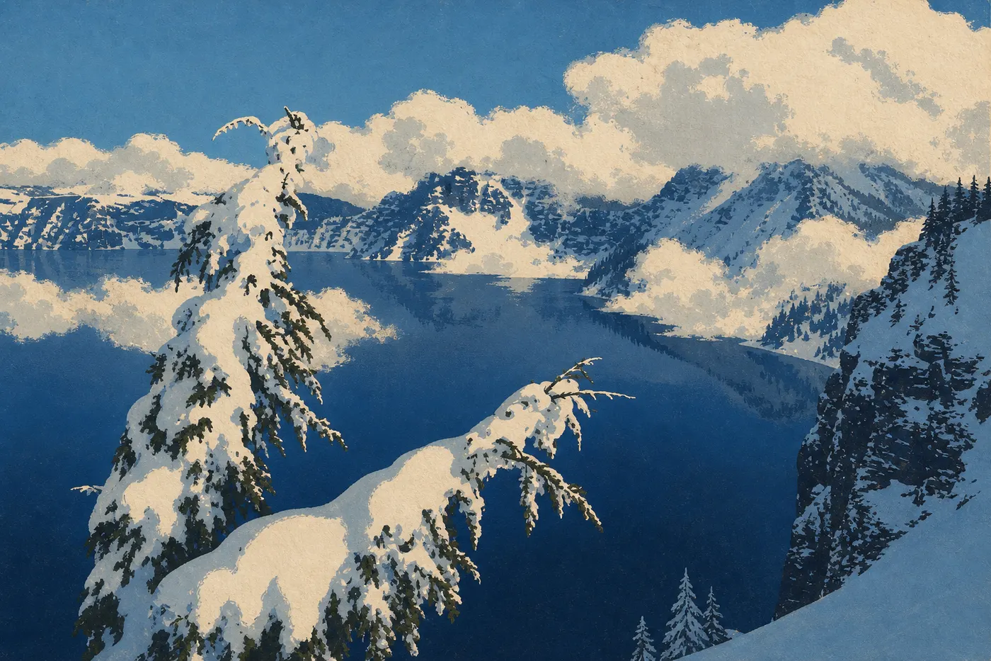 Illustration sérigraphiée : Bancs de brume dérivant sur Crater Lake et dévoilant partiellement les parois sombres de la caldeira