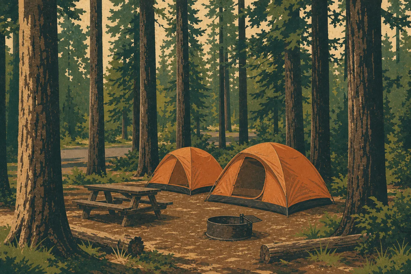 Illustration sérigraphiée : Tentes installées sous les grands conifères sur un emplacement aménagé du Mazama Campground