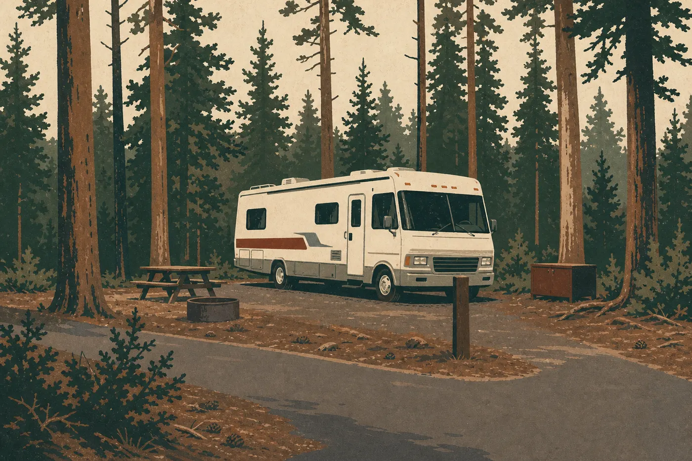 Illustration sérigraphiée : Camping-car stationné parmi les pins sur une parcelle boisée du Mazama Campground
