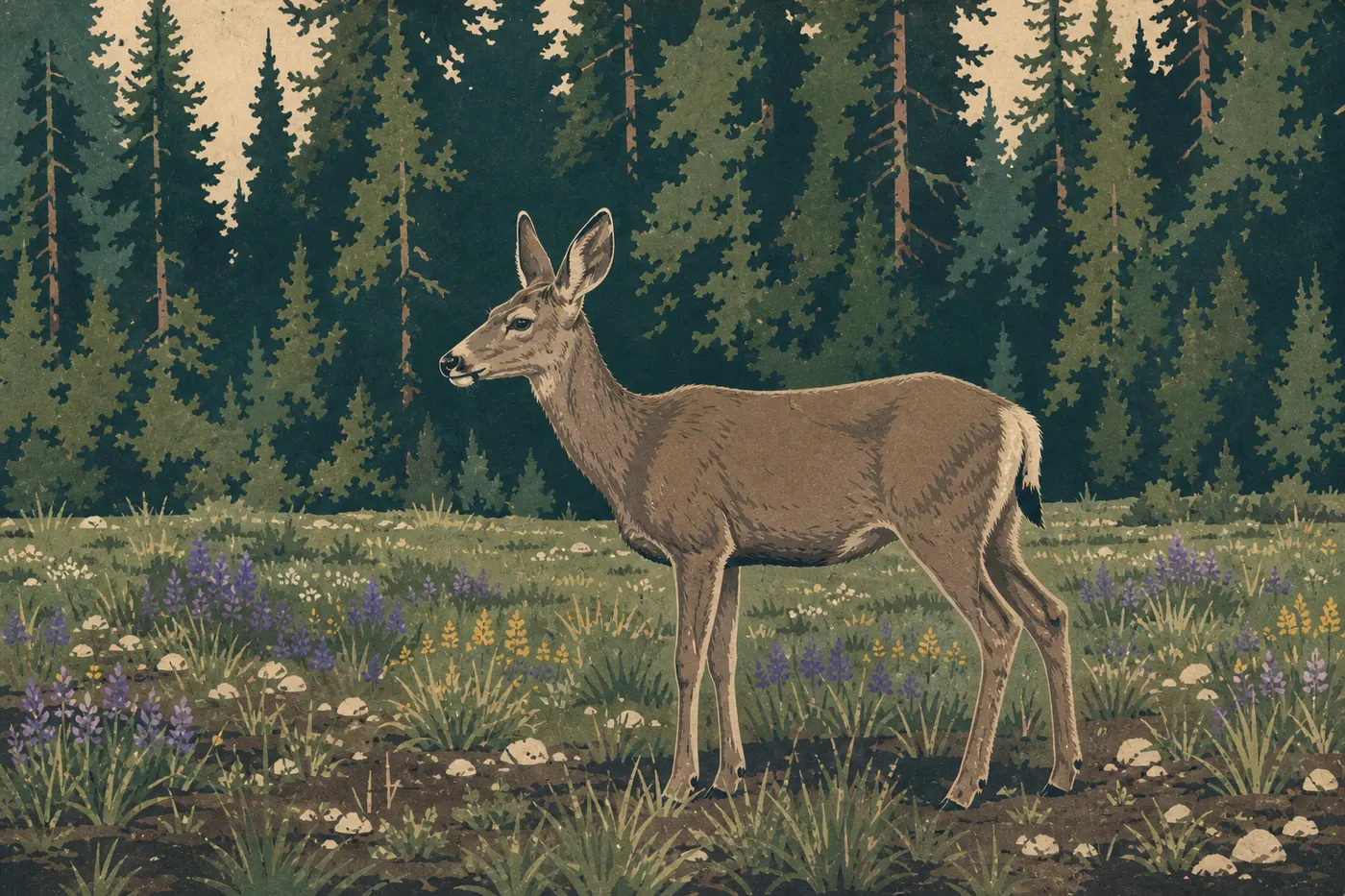 Siebdruck-Illustration: Aufrechter Maultierhirsch auf einer blühenden subalpinen Wiese vor den Nadelbäumen von Crater Lake