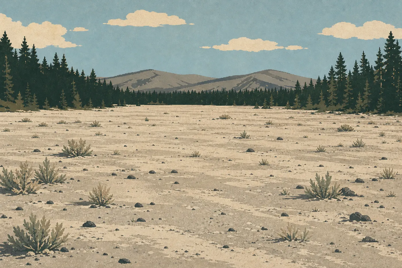 Illustration sérigraphiée : Étendue pâle et presque nue de Pumice Desert encadrée par les forêts du nord du parc